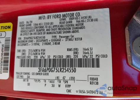 2020 Ford Fusion S z USA, uszkodzony, nr VIN 3FA6P0G75LR254550